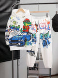 Tween Boys Extended Size Casual Printed Oversized Hooded Sweatshirt With Loose Fit Joggers Knitted Two-Piece Set, Ideal For Daily Leisure & Travel, Suitable For Sports In Spring, Summer, Fall And Winter Seasons