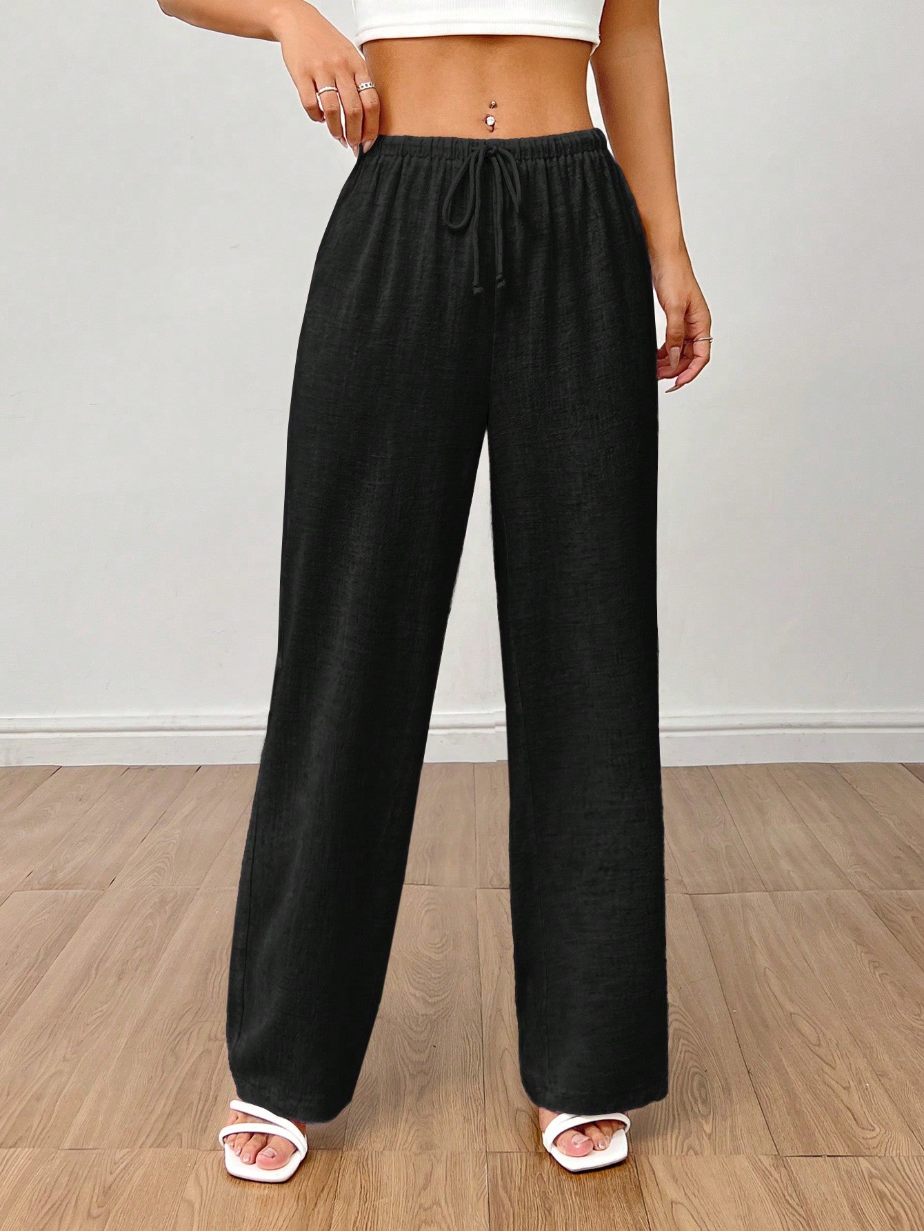 Solid Drawstring Waist Wide Leg Pants