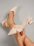 Women's Beige Casual Slip-On Sandals, Pointed Toe, Elastic Band, Chunky Heel, Shoes