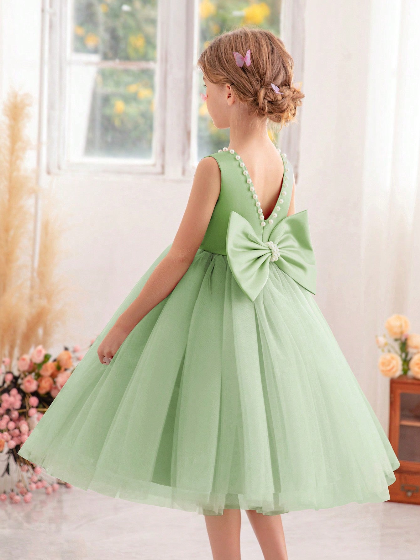 Young Girl Pearl Bowknot Decorated Mesh Patchwork Dress Suitable For Birthday Parties, Dance Parties, Festivals, Daily Wear, Ceremonies, Flower Girls, Weddings And Stage Performances