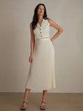 Elegant And Stylish Solid Color Suit Vest & High Waisted Pleated Maxi Skirt Set, 2pcs