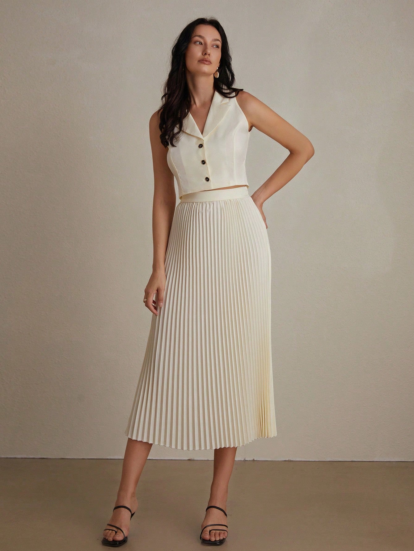 Elegant And Stylish Solid Color Suit Vest & High Waisted Pleated Maxi Skirt Set, 2pcs