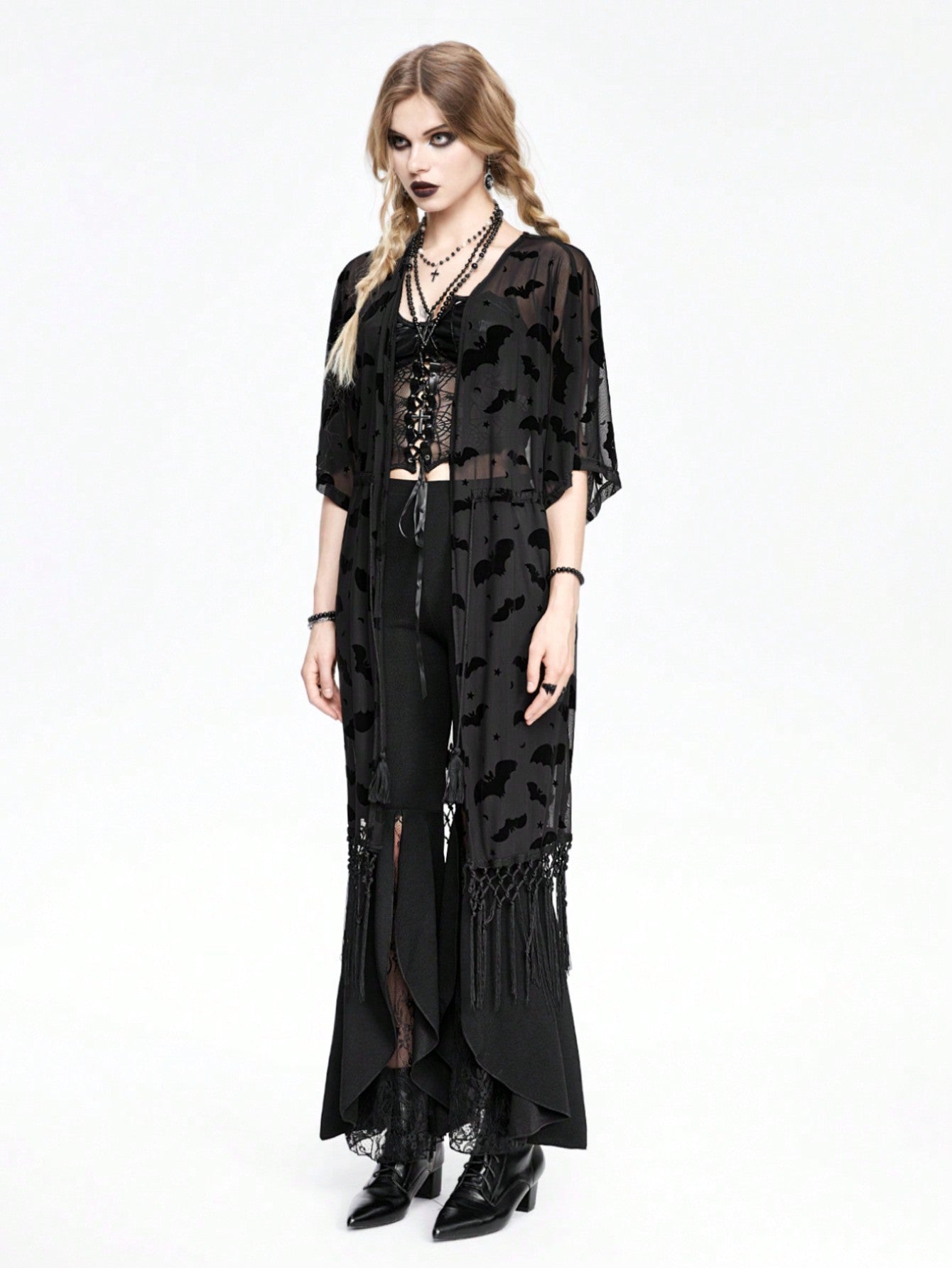 Goth Gothic Vacation Bat Flocked Mesh Fringe Hem Long Open-Front Top