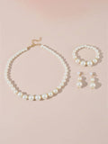 3pcs/Set New Single Layered Minimalist Design Jewelry With Different Sized Pearls, Including Children's Necklace, Earrings, And Bracelet Set