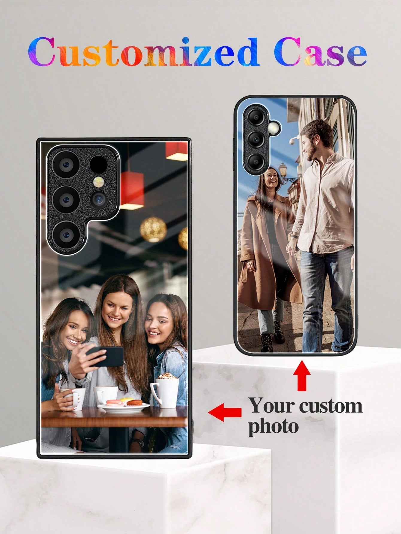 Customized Tempered Glass Phone Case, Suitable For Samsung A52/A14/13/S23 Ultra And IPhone 15 Pro Max, Perfect For Pet Lovers, Couples, Best Friends, Weddings, Parents And Holidays, Non-Slip And Fashionable With High Definition Photos, Unique Style In Bla