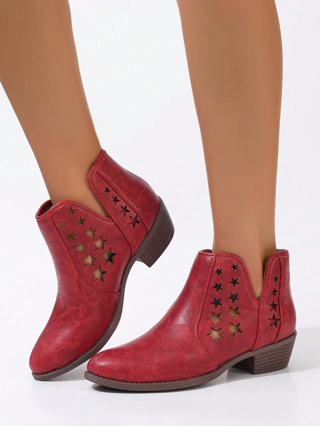 Red Hollow Chunky Heel Round Toe Elegant & Versatile Ankle Boots And Short Boots For Women, Suitable For Commuting And Daily Wear
