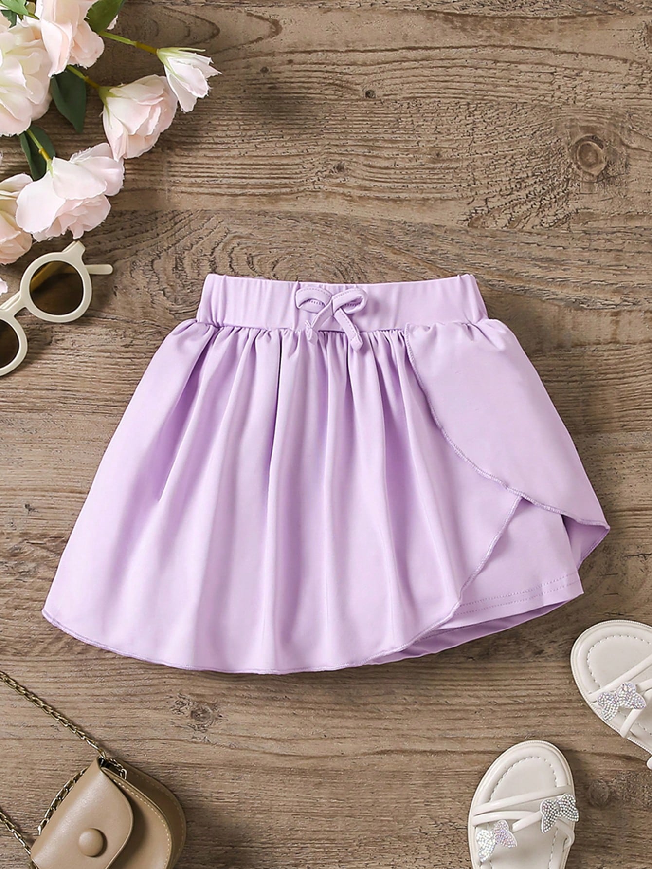 Young Girls Solid Color Asymmetrical Hem Skort With Bow Decoration, Casual