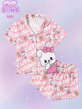 2pcs Toddler Girls' Cute Letter & Cat Print Cardigan Shorts Pajama Set, Pink