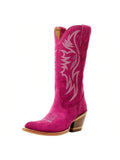 A Pair Women Pink Cowboy Boots Mid Calf Cowgirl Boots Sky Blue Western Boots Embroidered Suede Boots Pull On Almond Toe Chunky Heel Boots