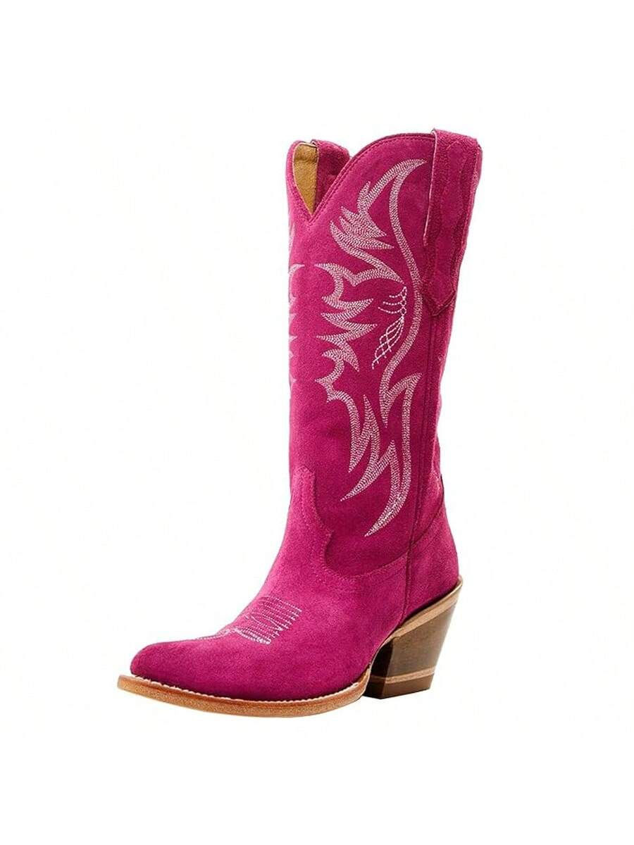 A Pair Women Pink Cowboy Boots Mid Calf Cowgirl Boots Sky Blue Western Boots Embroidered Suede Boots Pull On Almond Toe Chunky Heel Boots
