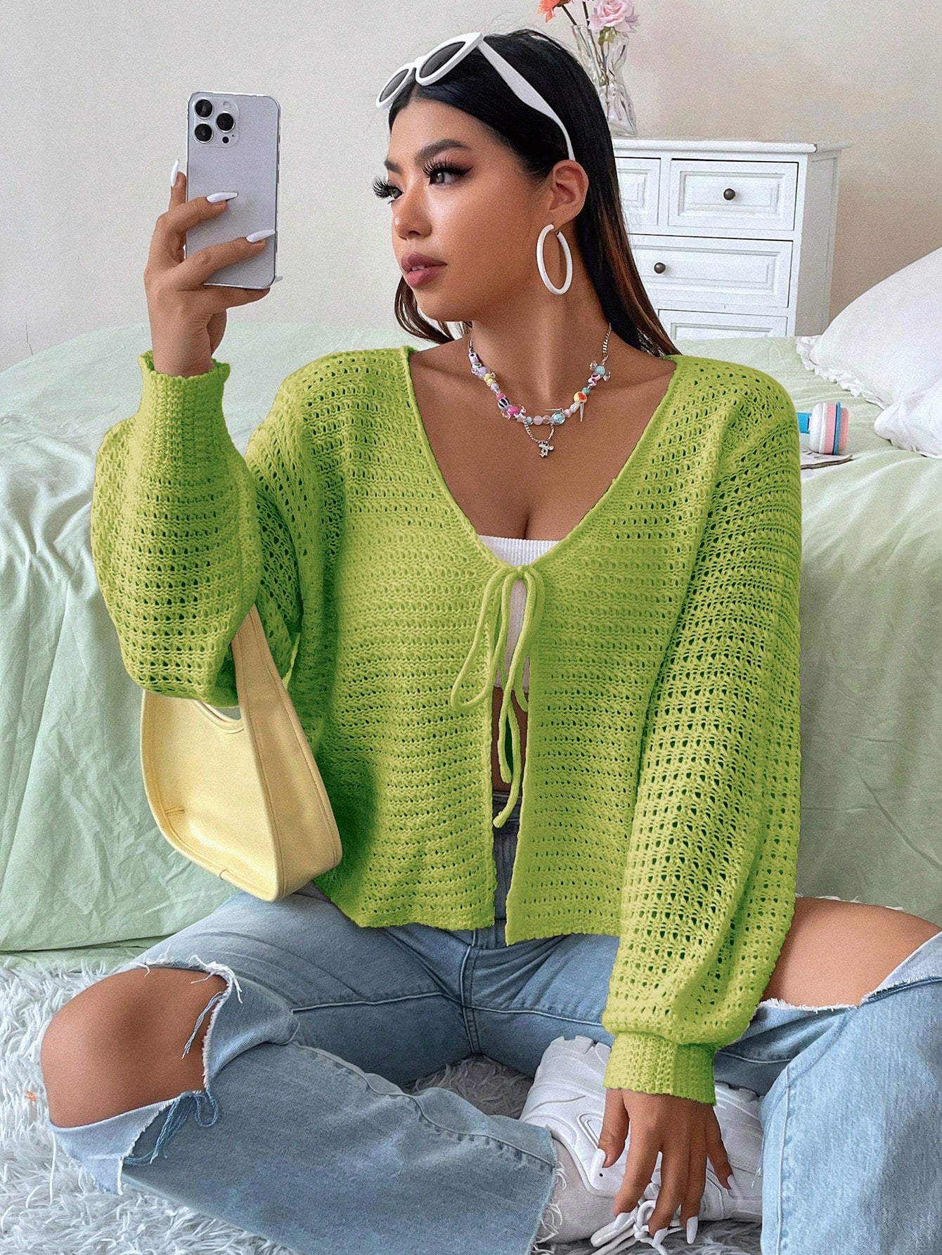 Plus Tie Front Lantern Sleeve Cardigan