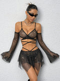 Solid Color Sheer Mesh Tie-Up Top And Irregular Hem Skirt, Sexy 2-Piece Set For Summer