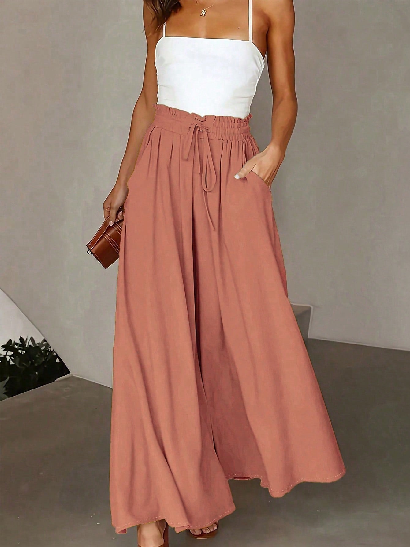 Women's Solid Color Wide Leg Loose Casual Pants With Waist Tie And Pockets