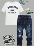 Tween Boy 2pcs/Set Sporty Casual Street Style High Elastic Jeans & Loose Comfortable T-Shirt