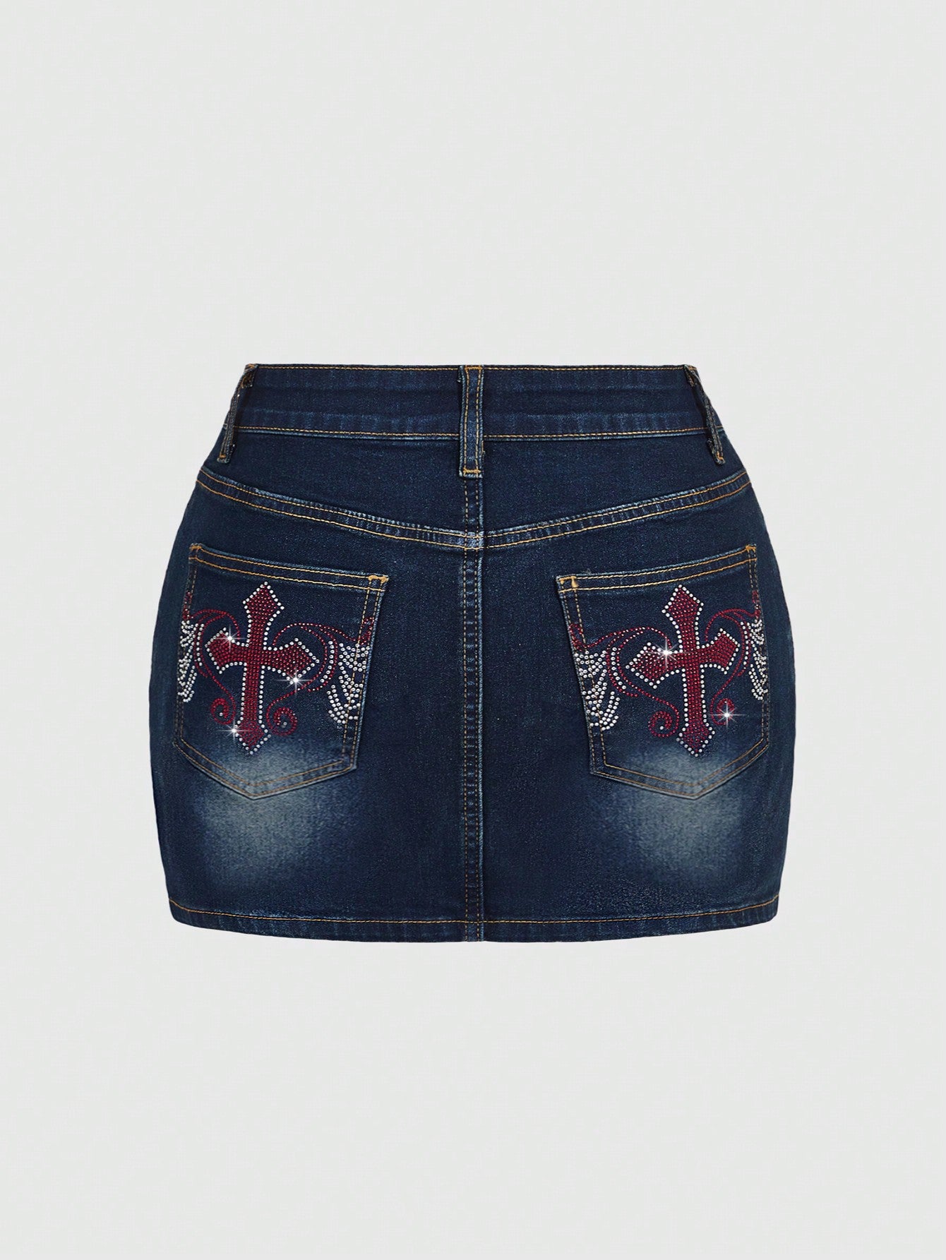 Punk Plus Size Summer Y2K Pocket Cross & Wing Rhinestone Denim Mini Skirt