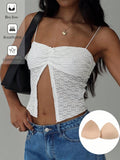 Summer Cool Jacquard Pleated Embellished Thin Strap Camisole Top With Front And Middle Slit