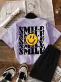 2pcs Tween Girls' Casual Simple  Pattern Short Sleeve T-Shirt And Shorts Set, Suitable For Summer