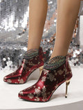 New Fashion Rhinestone Studded Pointed Toe High Heeled Printed Ankle Boots