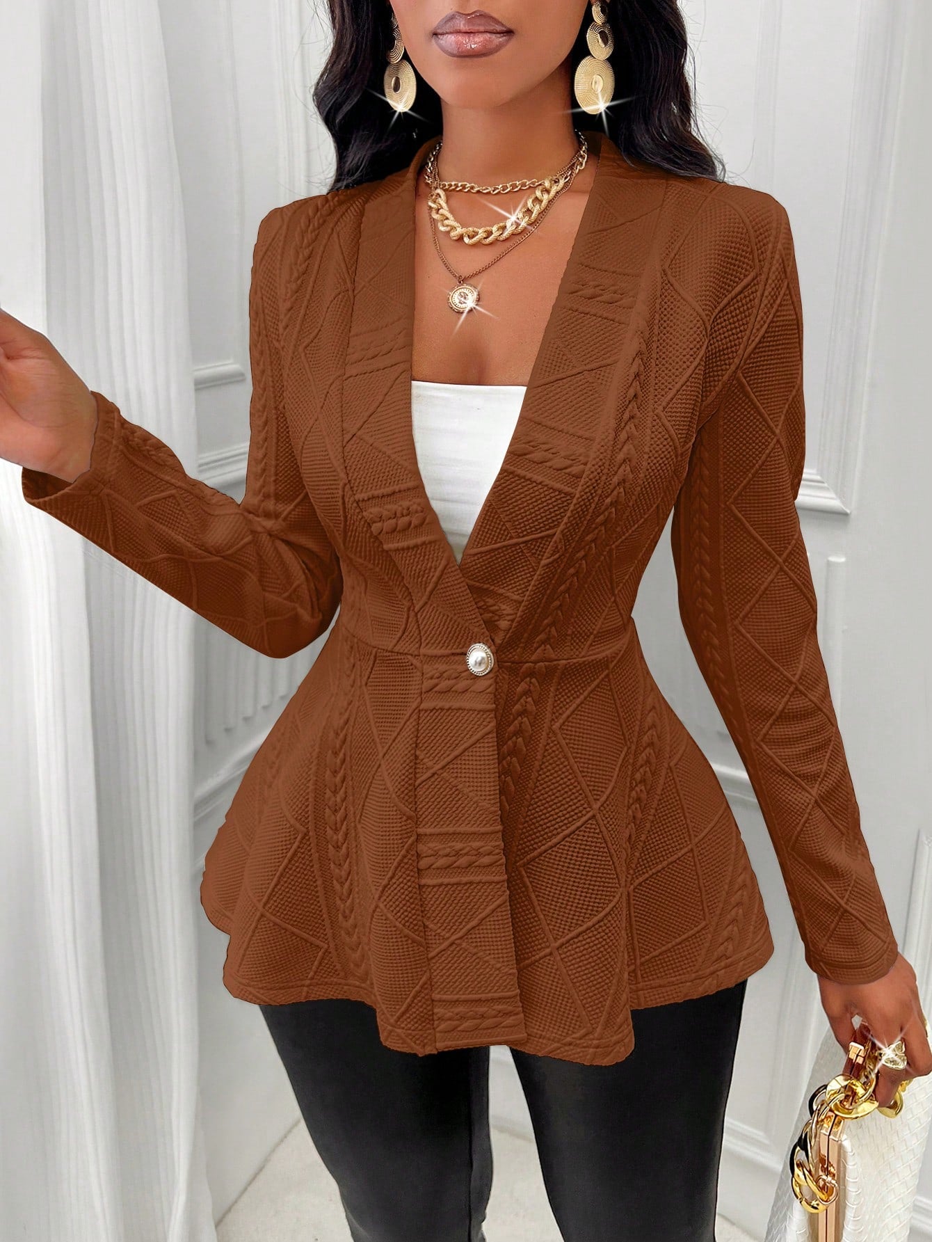 Women's Single Button Long Sleeve Elegant Jacket With Ruffle Hem (Random Print), Spring & Autumn