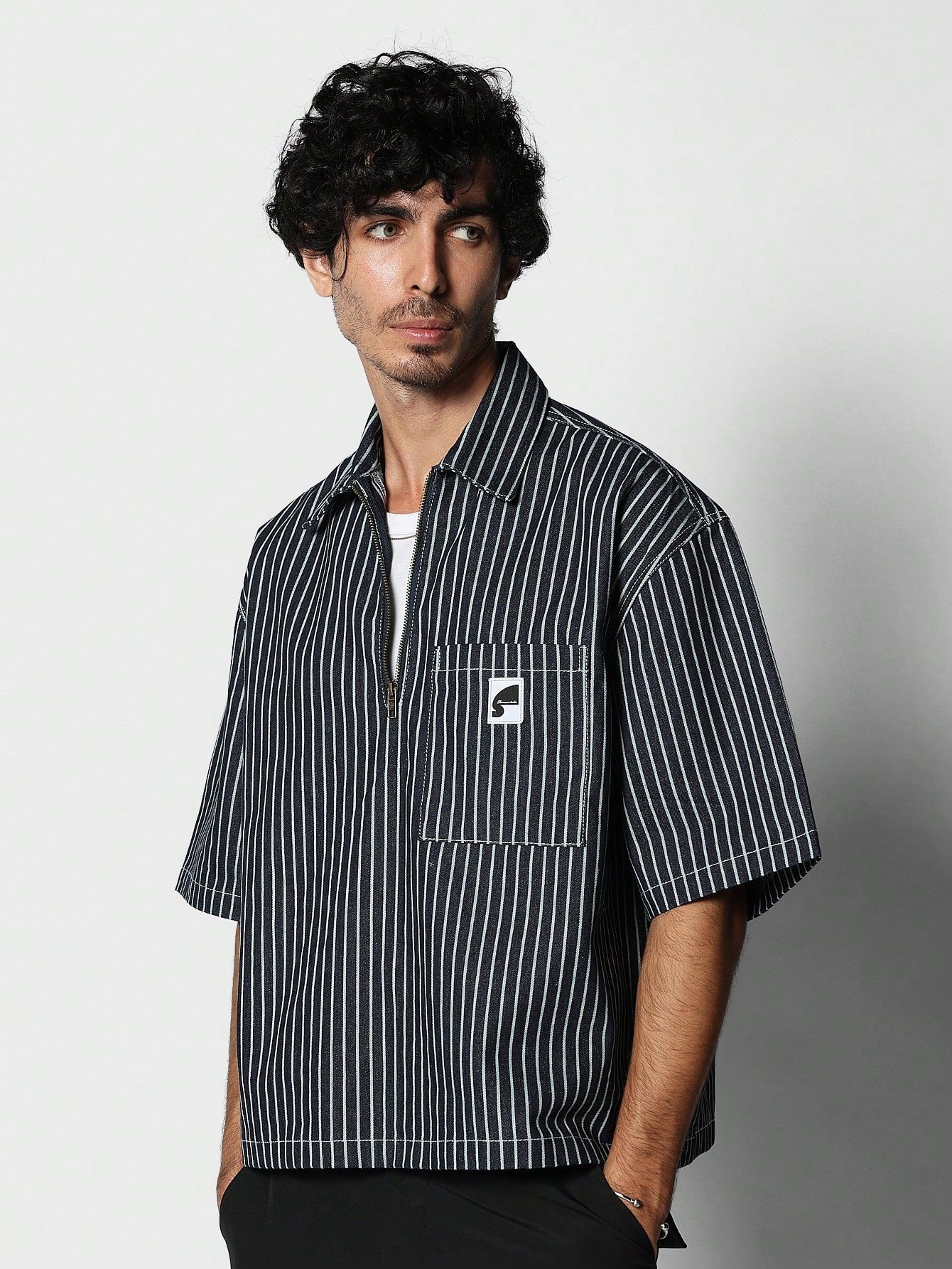 Crop Fit Half Zip Detail Pinstripe Shirt College Ready