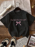 Tween Girl's Summer Slogan Bow Printed Round Neck Casual Short Sleeve T-Shirt