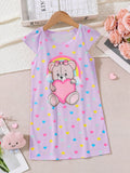 Girls' Rainbow Teddy Bear Heart Printed Flame-Resistant Round Neck Short Sleeve Nightgown