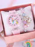 2pcs Girls' Light-Up Watch Set, LED Cartoon Unicorn Design Quartz Watch And Beaded Bracelet