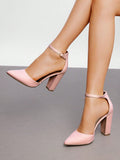 Women Ankle Strap Chunky Heel High Heels Pumps Closed Pointed Toe Fashionable Elegant Wedding Pump Shoes