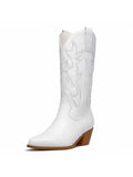 Cowboy Boots For Women Mid Calf Cowgirl Boots Chunky Stacked Low Heel Heel Side Zipper Embroidery Western Wid Calf Boots Almond Shaped Pointed Toe Classic Casual Fashion