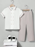 Tween Boys' College Style Double Breasted Short Sleeve Shirt And Long Pants Gentleman Suit, Spring/Summer