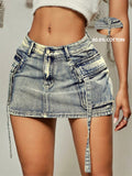 Y2K Street Solid Flap Pocket Tape Detail Cargo Denim Mini Skirt Summer Hottie Outfit