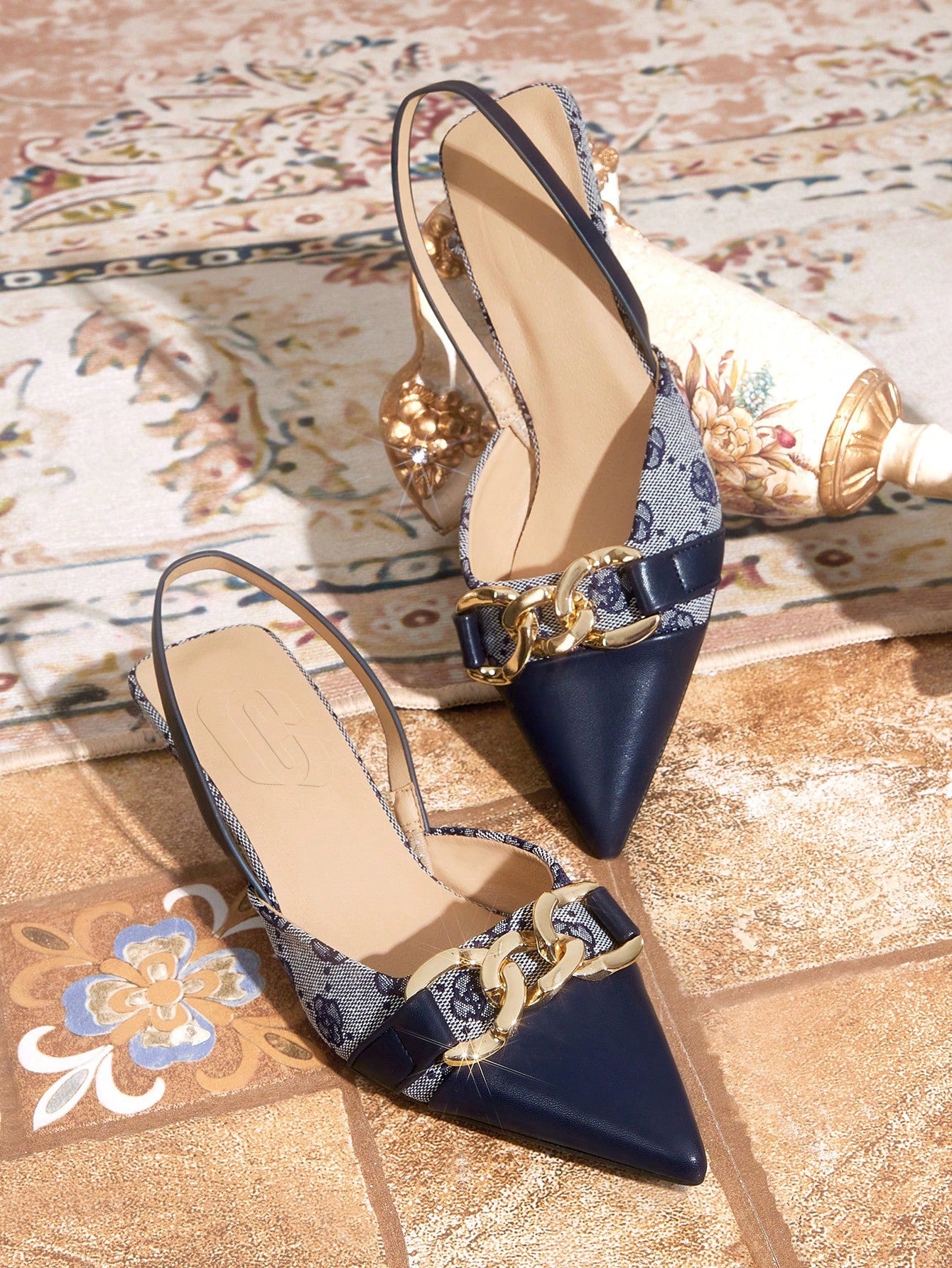 TILAWA Women's Chain Decorated Vintage Floral Patchwork Design Pointed Toe Slingback Kitten Heels, Fashionable And Comfortable For Daily Wear, Outdoor Events And Family Gatherings, Spring And Summer, Brown Halloween