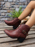 Wine Red Chunky Heel Mid-Heel Round Toe Western Boots With Buckle Decor And Inner Side Zipper For Women, Elegant And Versatile For Daily Wear