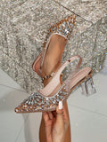 Women's Pointed Toes High Heeled Shoes With Rhinestone Decoration, Crystal Heels, Adjustable Ankle Straps, Gorgeous And Elegant Summer Sandals, Suitable For Use As High Heels