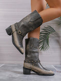 Distressed Mid-Calf Boots For Women With Pointed Toe And Chunky Western Heels, Vamp With Belt Decor, Dirty-Looking