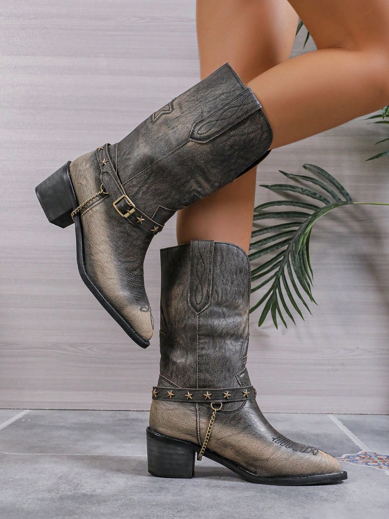 Distressed Mid-Calf Boots For Women With Pointed Toe And Chunky Western Heels, Vamp With Belt Decor, Dirty-Looking