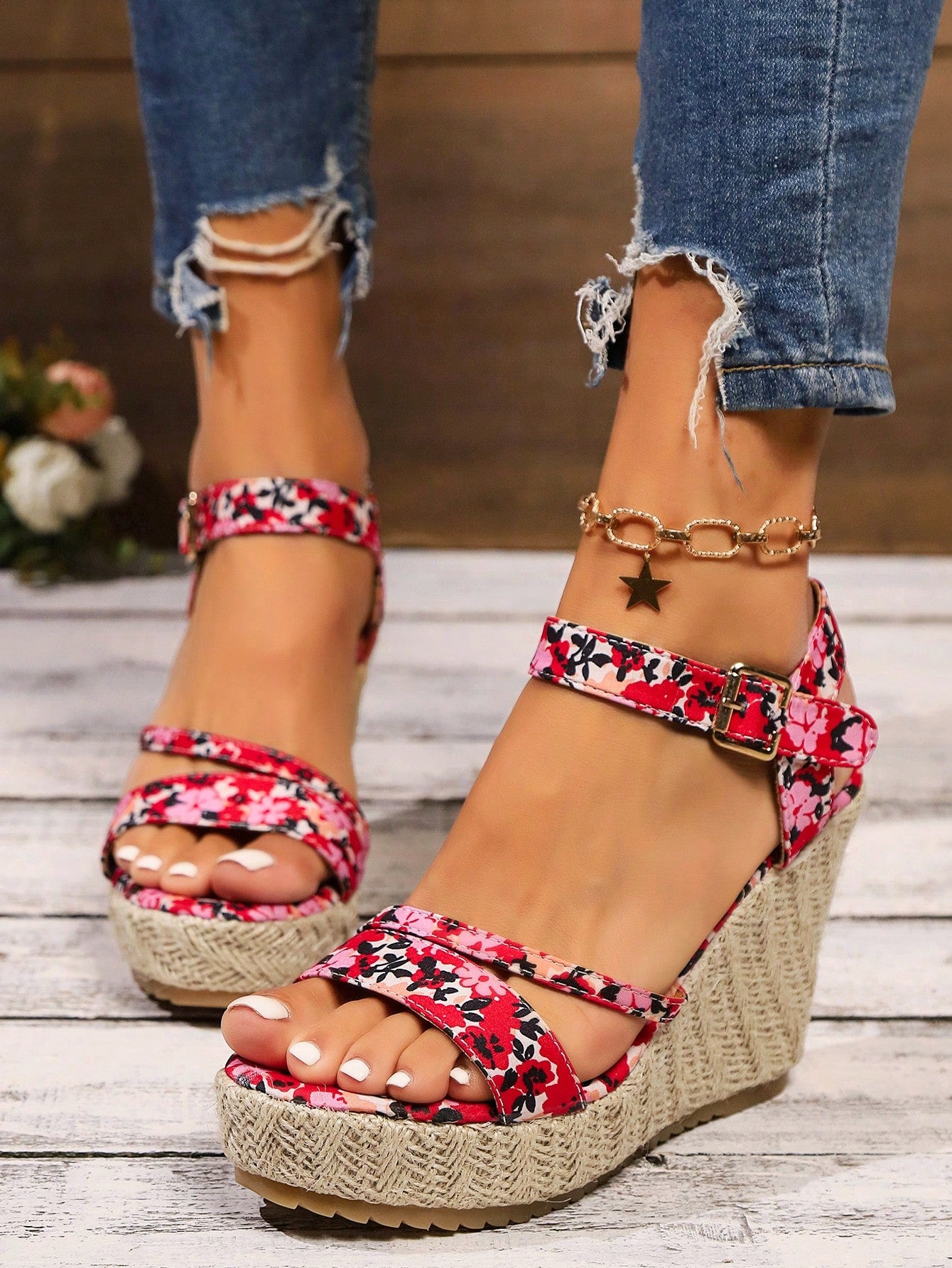 Women's Large Size (35-43) Pink Summer Vacation Style Woven Wedge Heel Sandals. Fashionable Geometric Pattern, Vintage Buckle Design, High Heel With Platform, Thick Woven Bottom, Suitable For Summer To Increase Height And Look Slim.
