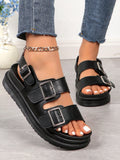 Youth Thick-Soled Sandals, Sporty Casual Style With Buckle Detail, 2024 Summer New Arrival Women's Casual Solid Color Buckle Strap Flat Sandals