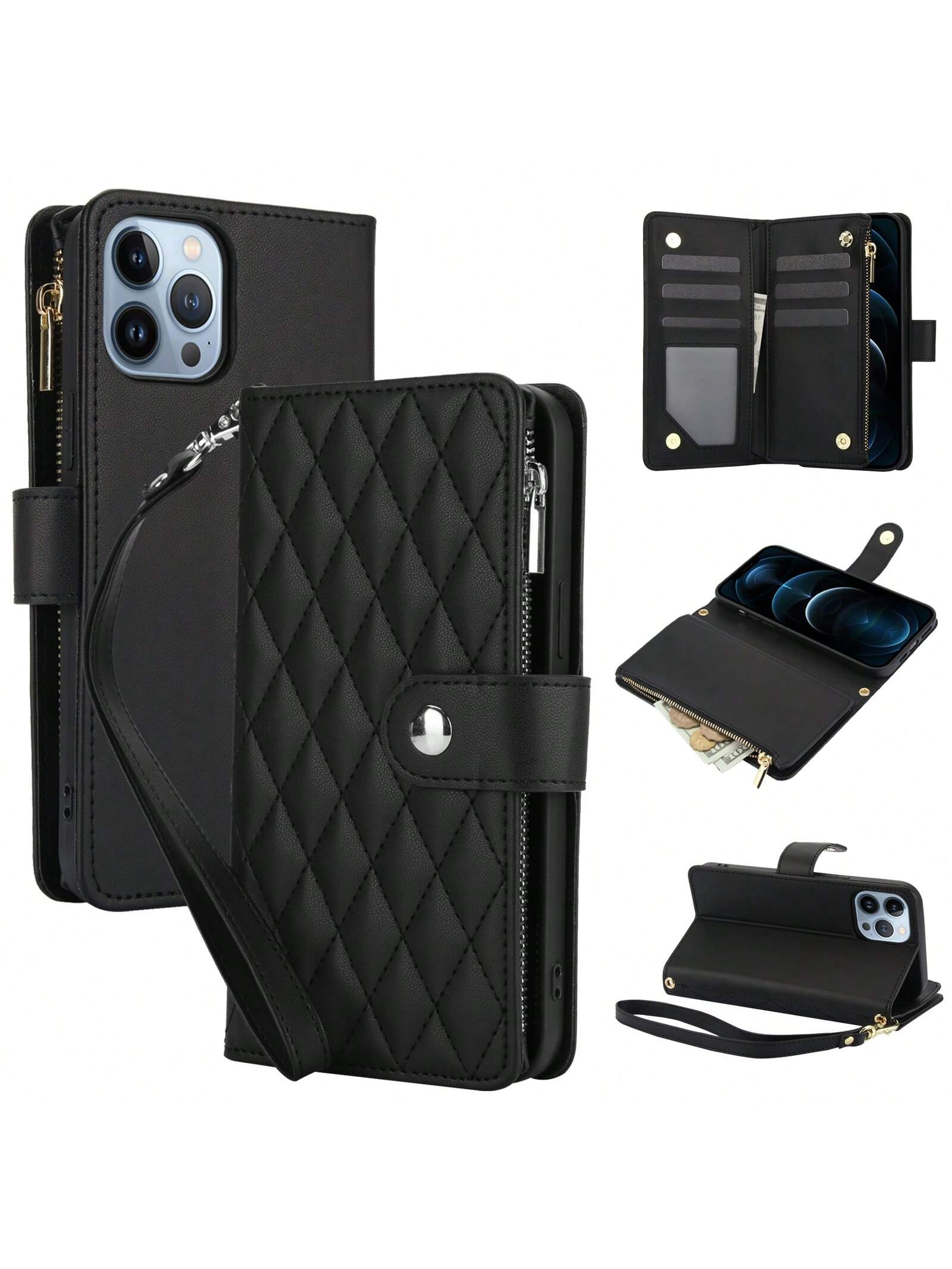 Durable PU Leather Phone Case Zipper Wallet Cards Holder Phone Case For Women With Removable Wrist Strap Compatible With IPhone Samsung Pixel