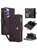 Durable PU Leather Phone Case Zipper Wallet Cards Holder Phone Case For Women With Removable Wrist Strap Compatible With IPhone Samsung Pixel