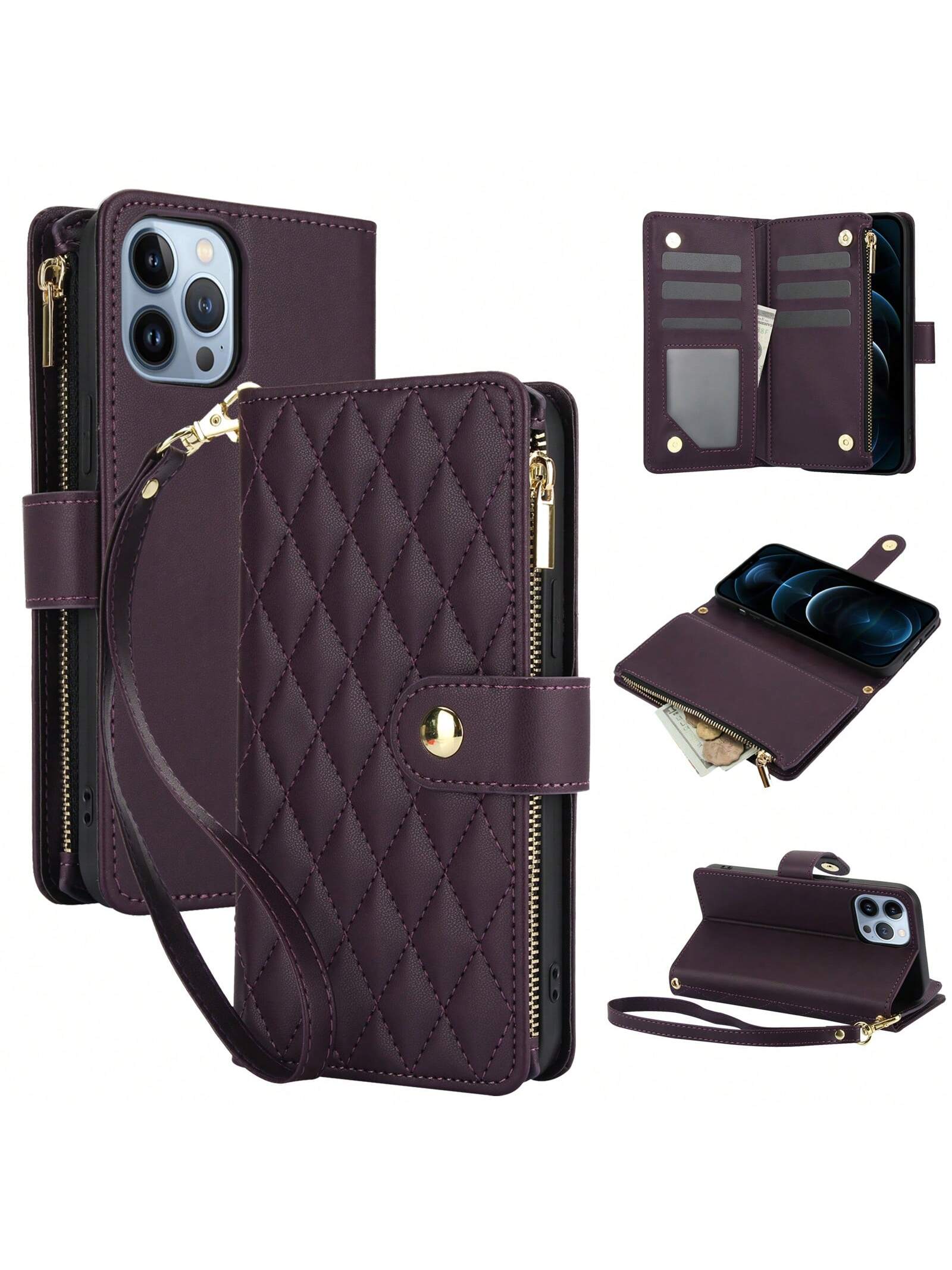 Durable PU Leather Phone Case Zipper Wallet Cards Holder Phone Case For Women With Removable Wrist Strap Compatible With IPhone Samsung Pixel