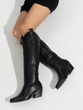 Women's Western Style Embroidered Pointed Toe Slip-On PU Knee-High Boots, Chunky & Mid Heel, Winter Warm, Black