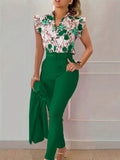 Women's Elegant Floral Print Cap Sleeve Shirt And Pants Set, Ideal For Summer Commute