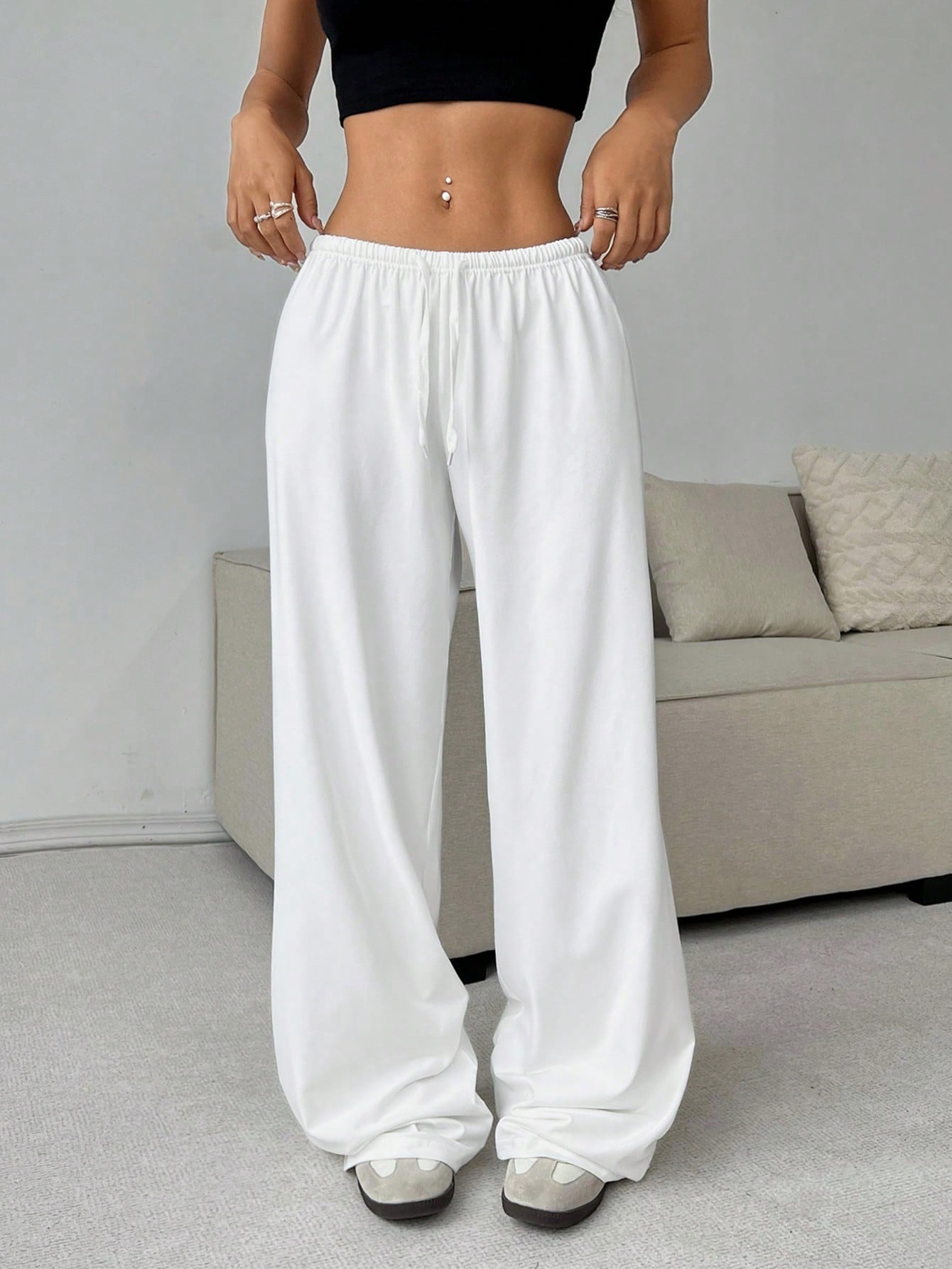 Soft White Knitted Home Baggy Pants, Loose Pant