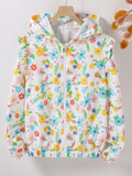 Teen Girl Spring And Autumn Floral Print Stitching Ruffled Long Sleeve Hooded Casual Jacket