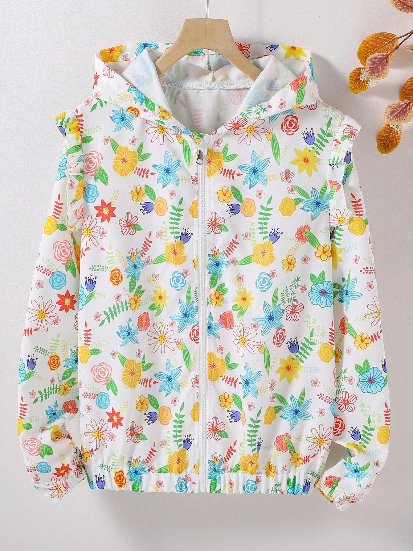 Teen Girl Spring And Autumn Floral Print Stitching Ruffled Long Sleeve Hooded Casual Jacket