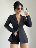 Elegant Women's Spring/Summer Solid Color Turn-Down Collar Long Sleeve Single Button Blazer With Cinched Waist And Shorts Suit Set