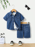 Young Boy 2pcs/Set Casual Comfortable Soft Blue Denim Shirt And Blue Denim Jeans Shorts Set ,For Spring And Summer Toddler Boy Outfits