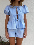Summer Striped Print Tie Front Puff Sleeve Top & Shorts