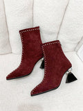 European And American Style Studded Ankle Boots For Women, Pointed Toe High Heeled Slim Single Boots For Fall And Winter